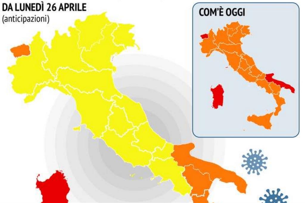 Italia in giallo, con 5 regioni arancioni e Sardegna rossa. Cosa si potrà fare