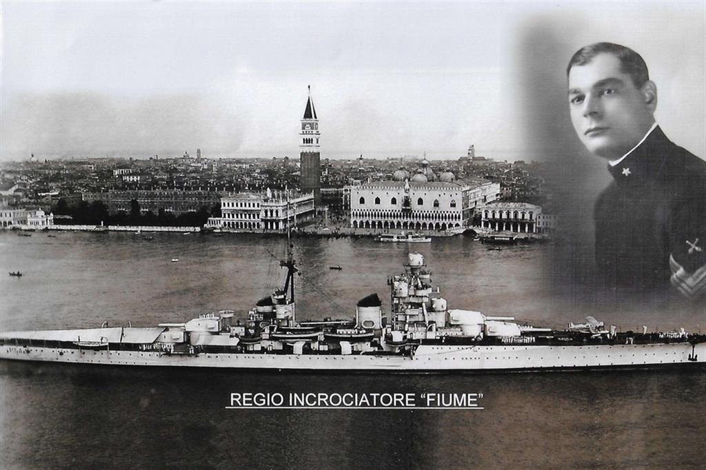 L'incrociatore Fiume, affondato a Capo Matapan, a Venezia. In alto a destra il giovane Nazareno Bramante, tra i caduti della Battaglia di Capo Matapan