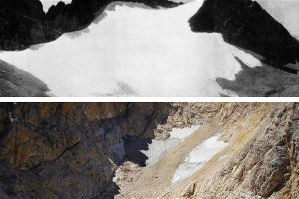 Il ghiacciaio nel 1916  e quello che è rimasto oggi: due glacionevati