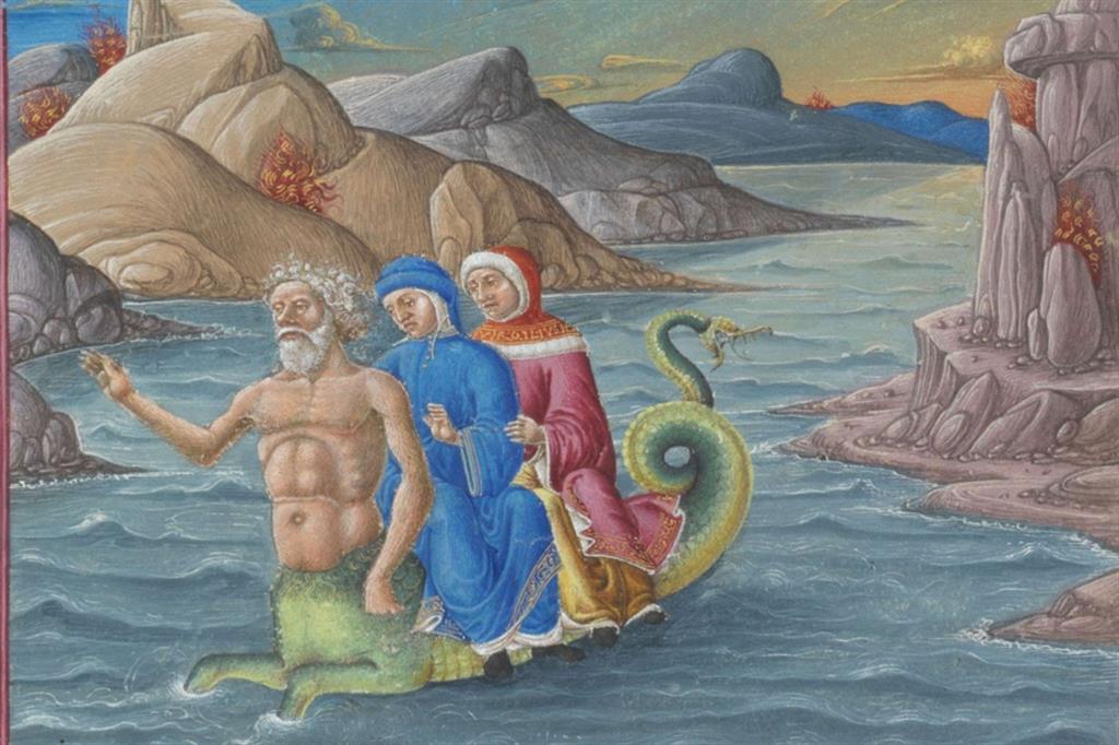 "Dante e Virgilio sono trasportati sulla groppa di Gerione". Biblioteca Vaticana, Urb. lat. 365, f. 46r