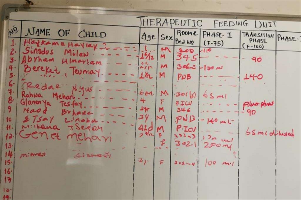 Una tabella dell'unità nutrizionale pediatrica dell'ospedale del capoluogo tigrino dove è possibile distinguere l'età di alcuni dei bambini ricoverati - Foto concesse dall'Ayder hospital
