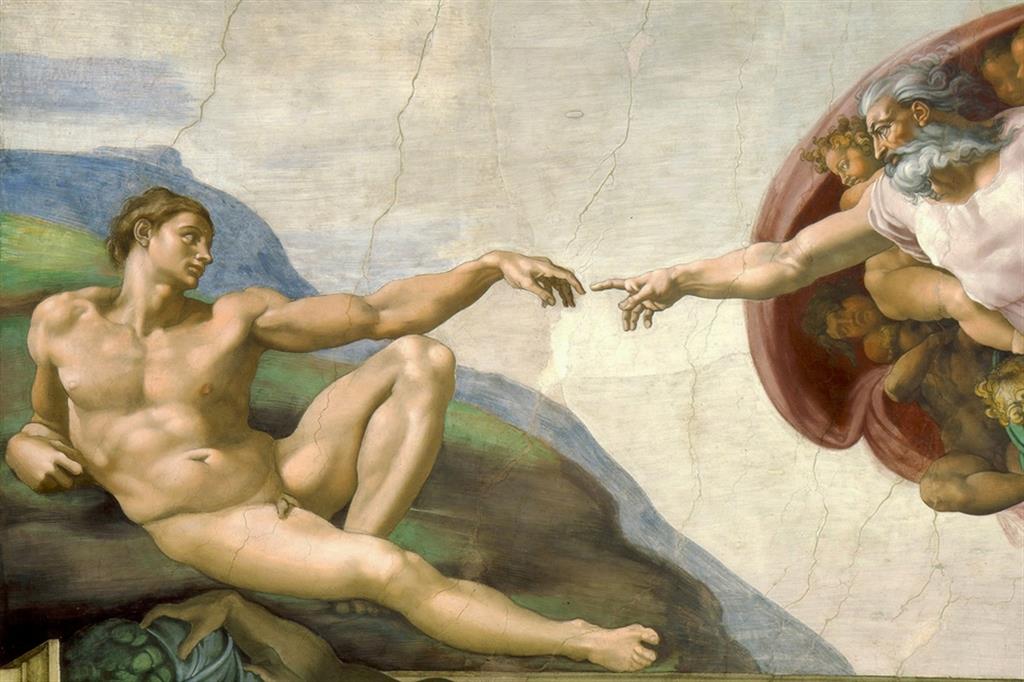La “Creazione di Adamo” dipinta da Michelangelo sulla volta della cappella Sistina, particolare