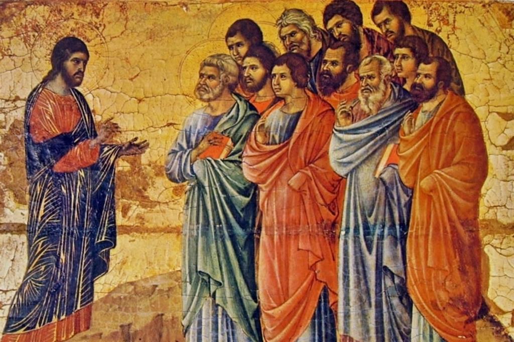 Duccio di Buoninsegna, “Gesù Cristo risorto appare agli apostoli sul monte di Galilea”, dalla “Maestà” (1308-1311)