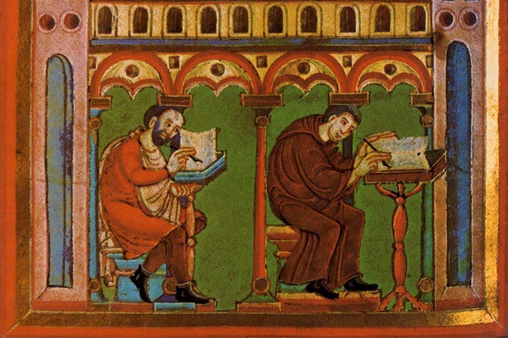 Monaci addetti alla copiatura di manoscritti. Miniatura dall’“Evangelario di Echternach” (XI secolo)