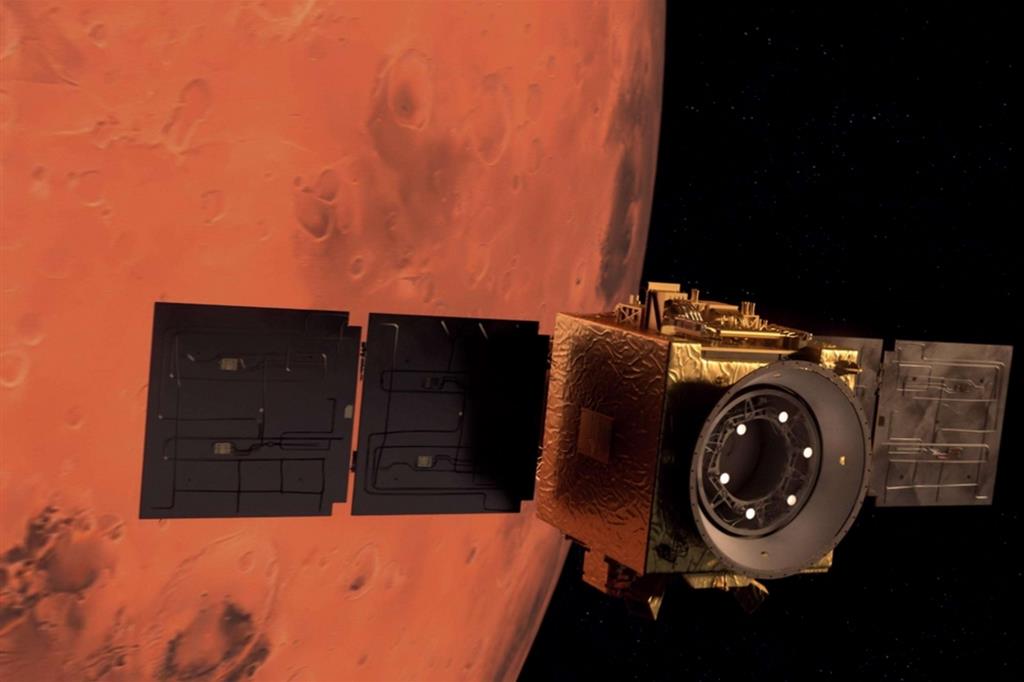 Un'illustrazione della sonda degli mirati Arabi Uniti, Hope Probe to Mars, in orbita attorno al Pianeta rosso