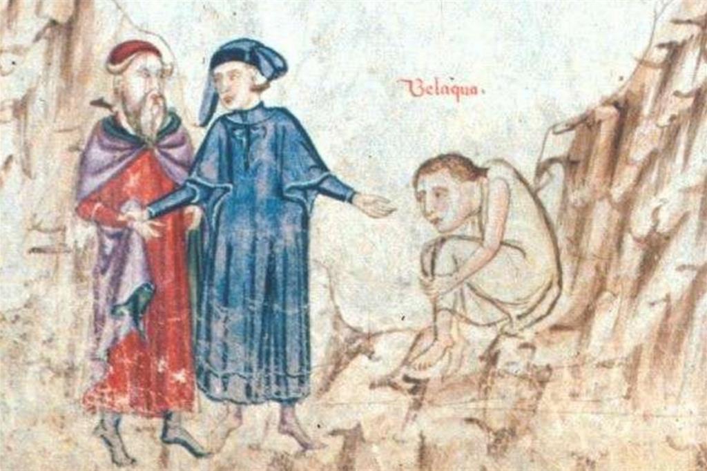 L'incontro con Dante e Virgilio con Belaqcua nel canto IV del Purgatorio in una miniatura del Codice Holkham, Bodleian Library, Oxford