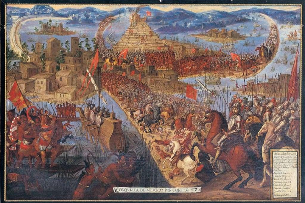 “La conquista  di Tenochtitlan”,  dipinto anonimo  del XVII secolo  della serie  “La conquista  del Messico”  conservata  presso  la Biblioteca  del Congresso