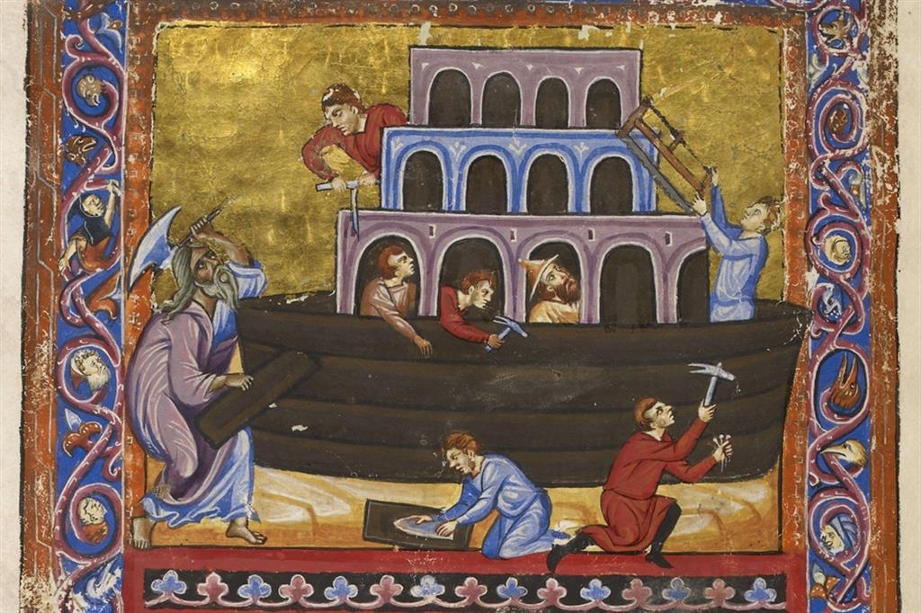 Noè sovraintende alla costruzione dell'arca (miniatura, XIII secolo)