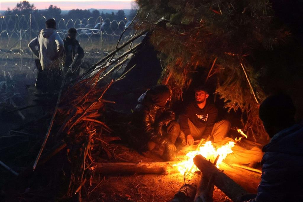 Migranti accampati nella notte sul confine tra Polonia e Bielorussia