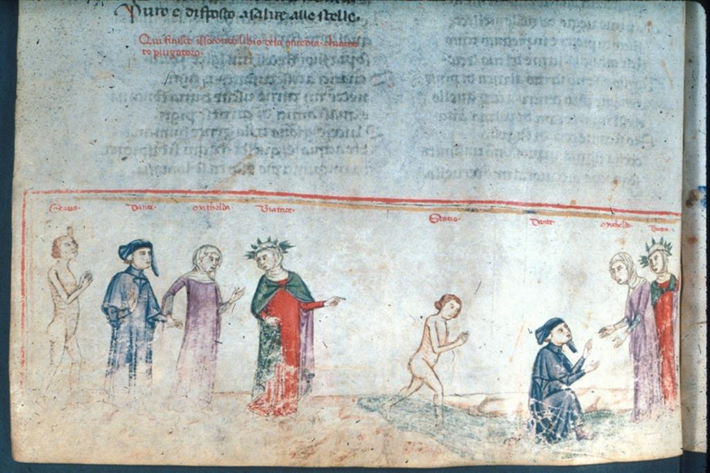 Purgatorio, Canto XXXIII: Dante con Stazio, Matilda e Beatrice presso l'Eunoe in una miniatura