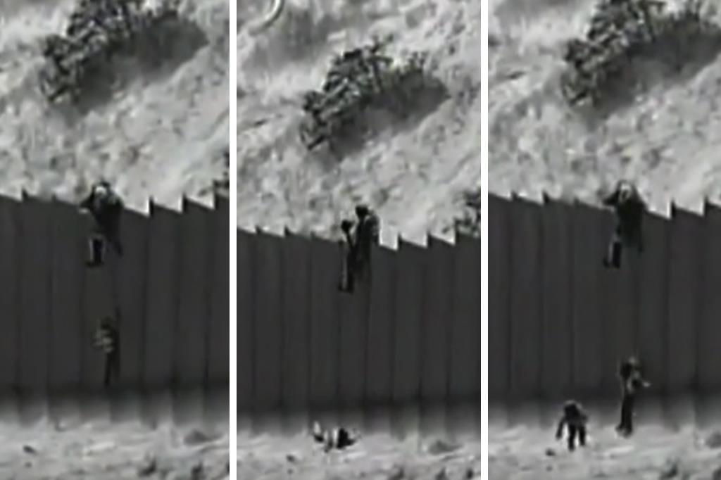In questa sequenza di fermo immagine dal video registrato dalle telecamere di sorveglianza si vede una persona che, arrampicata sul Muro, fa cadere le bambine in territorio Usa, una dopo l'altra