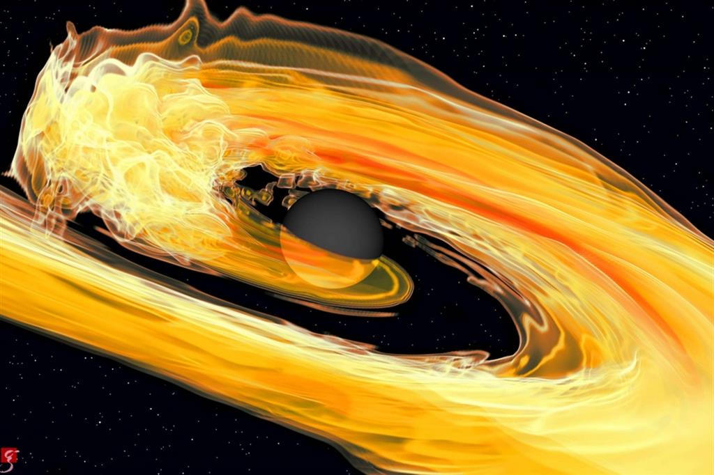 Rappresentazione artistica della fusione di un buco nero con una stella di neutroni