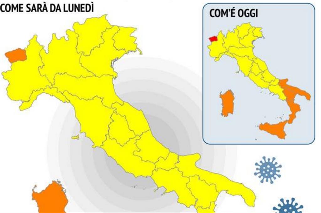I colori dell'Italia: sparisce il rosso, da lunedì solo tre regioni arancioni