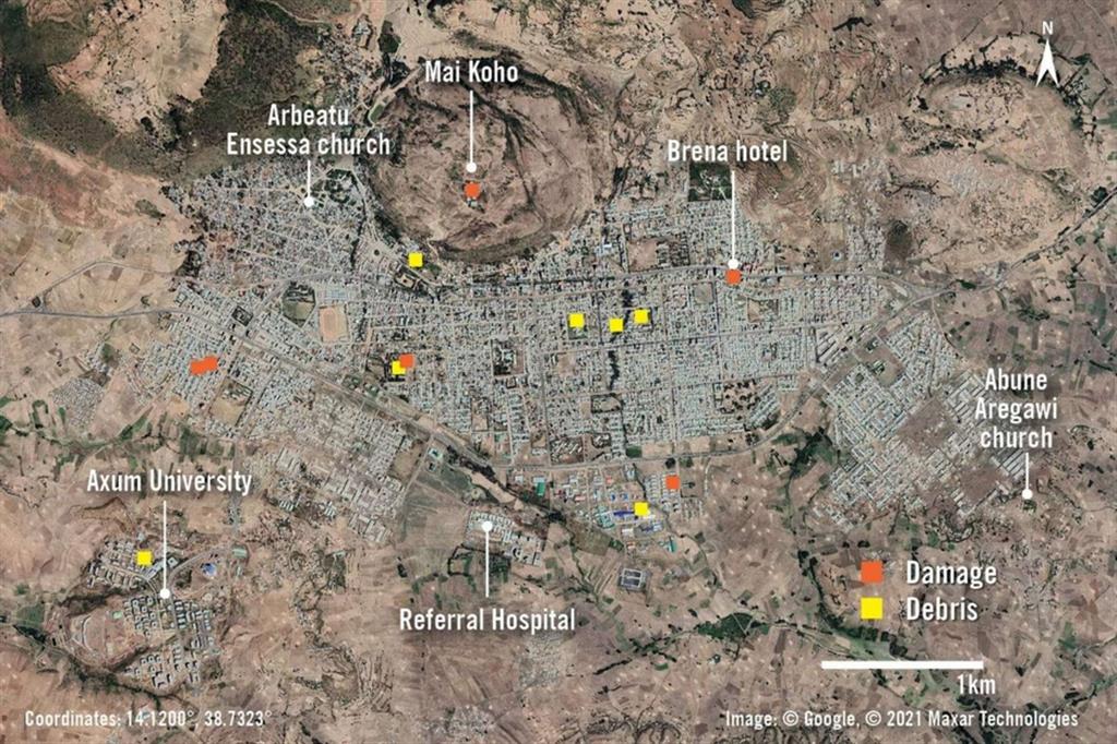 Mappa satellitare di Axum con i luoghi colpiti dall'attacco del 28 e 29 novembre 2020