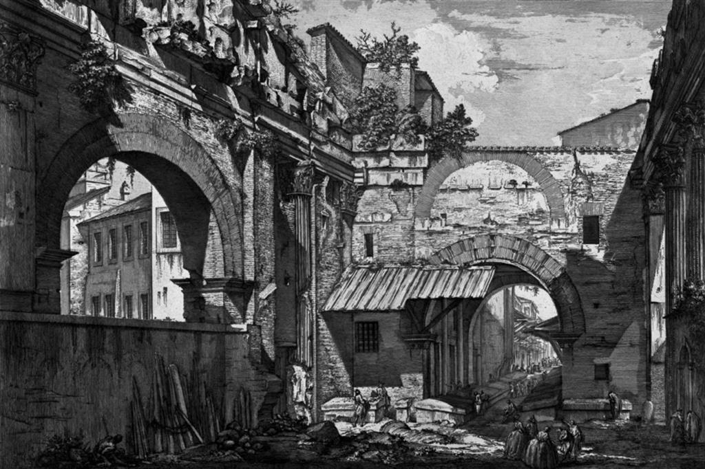 Il Portico di Ottavia, ingresso del ghetto di Roma, in una incisione di Piranesi