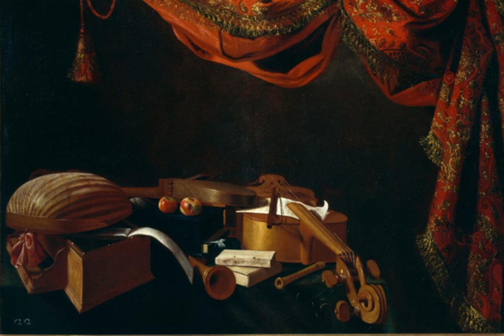 Evaristo Baschenis Strumenti musicali e tendone rosso, 1670 circa, particolare. Bergamo, Accademia Carrara