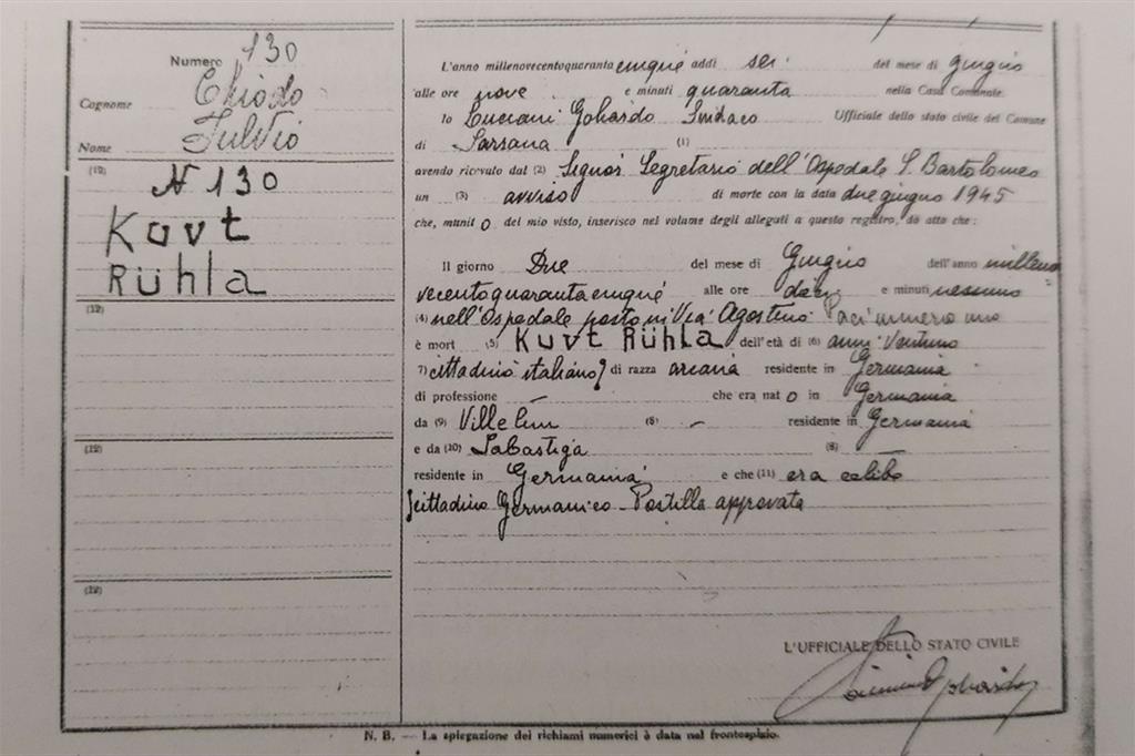 Il certificato di morte del partigiano tedesco Kurt Rühla, morto a 21 anni