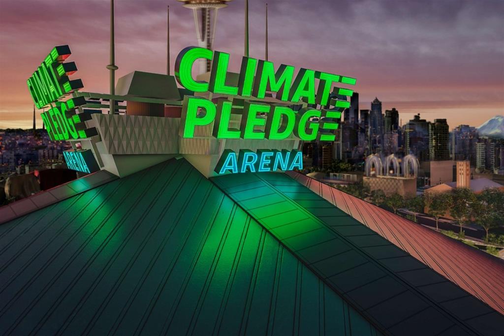 Il rendering della Climate Pledge Arena di Stadio, stadio a impatto zero sponsorizzato da Amazon