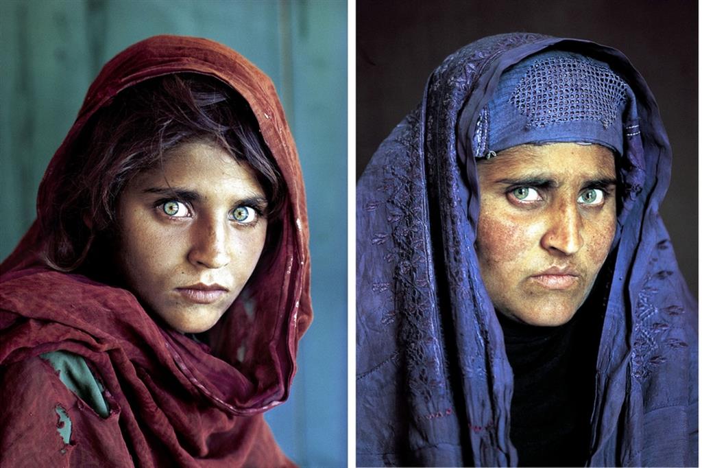 Due immagini di Sharbat Gula: a sinistra a 13 anni, sulla copertina del National Geographic; a destra, sui 30 anni, quando fu rintracciata dall'autore del celebre scatto Steve Mc Curry. "I suoi occhi sono magnetici come allora" disse il fotografo