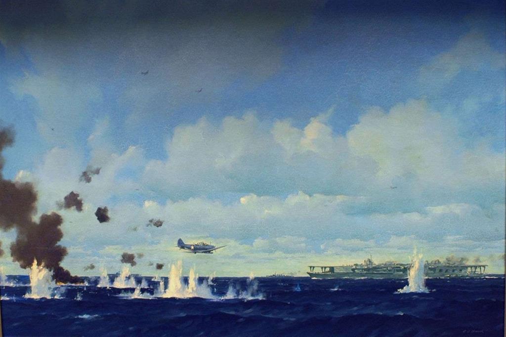 Dipinto dedicato alla battaglia delle Midway: un aerosilurante TBD Devastator attacca una portaerei giapponese