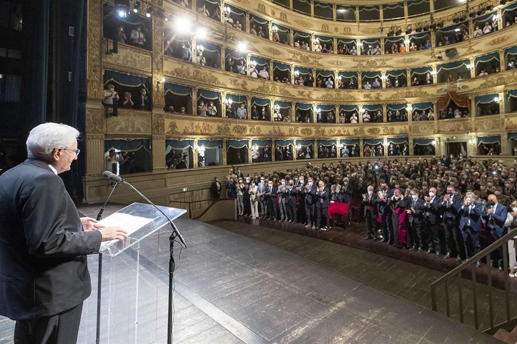 Il presidente della Repubblica, Sergio Mattarella, interviene alla cerimonia commemorativa del centenario dellassalto fascista alla sede della Federazione delle Cooperative a Ravenna