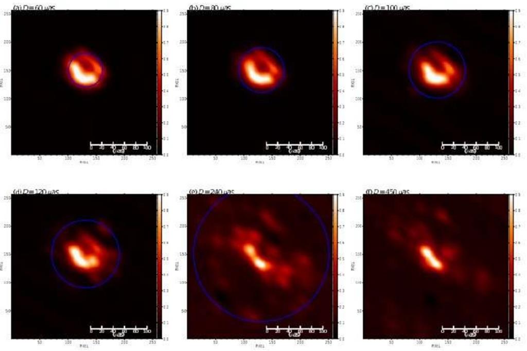 In alto a sinistra il buco nero M87 come appare nell’elaborazione dell’EHT. In basso a destra, dopo una serie di varie elaborazioni, come appare al gruppo di ricercatori dell'Osservatorio Astronomico Nazionale del Giappone. Le altre immagini sono una via intermedia