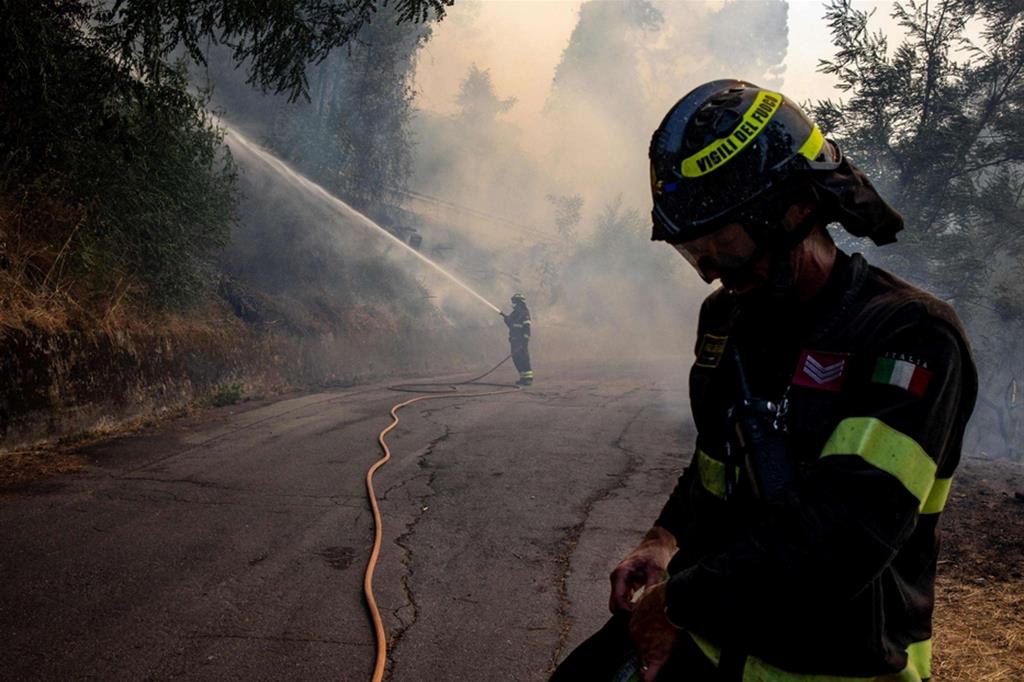 Vigili del fuoco in campo per spegnere un vasto incendio nella zona di Massarosa, in provincia di Lucca