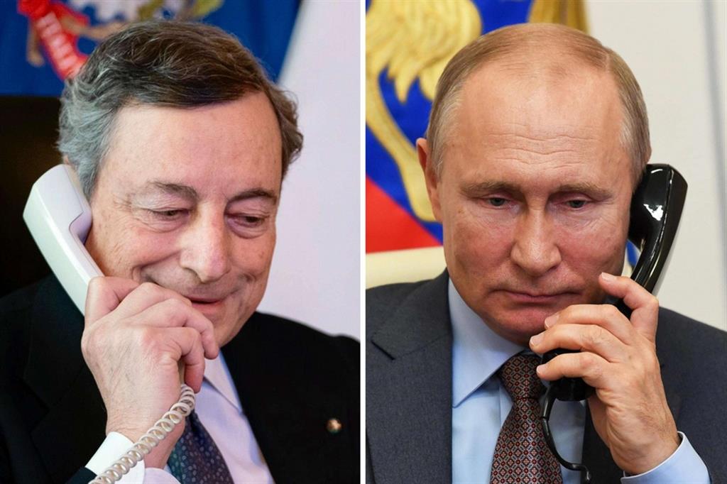 Nel combo, il premier Draghi al telefono con Vladimir Putin