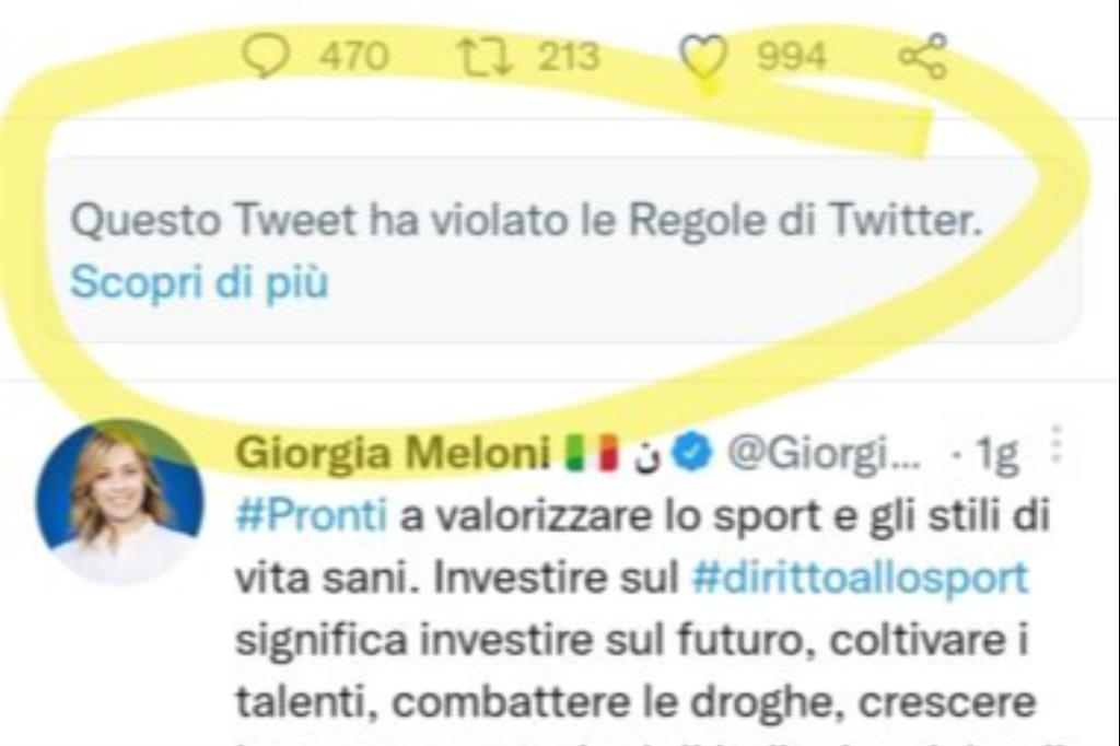 Screenshot del tweet con il video di Piacenza cancellato perché viola le regole del social network