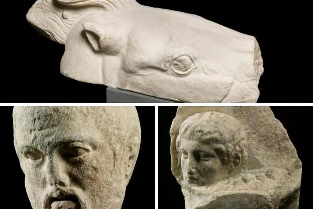 Dall’alto in senso orario, il frammento della testa di un cavallo, la testa di fanciullo e la testa virile provenienti dal Partenone di Atene e fin dall’Ottocento conservati presso le Collezioni Pontificie e nei Musei Vaticani