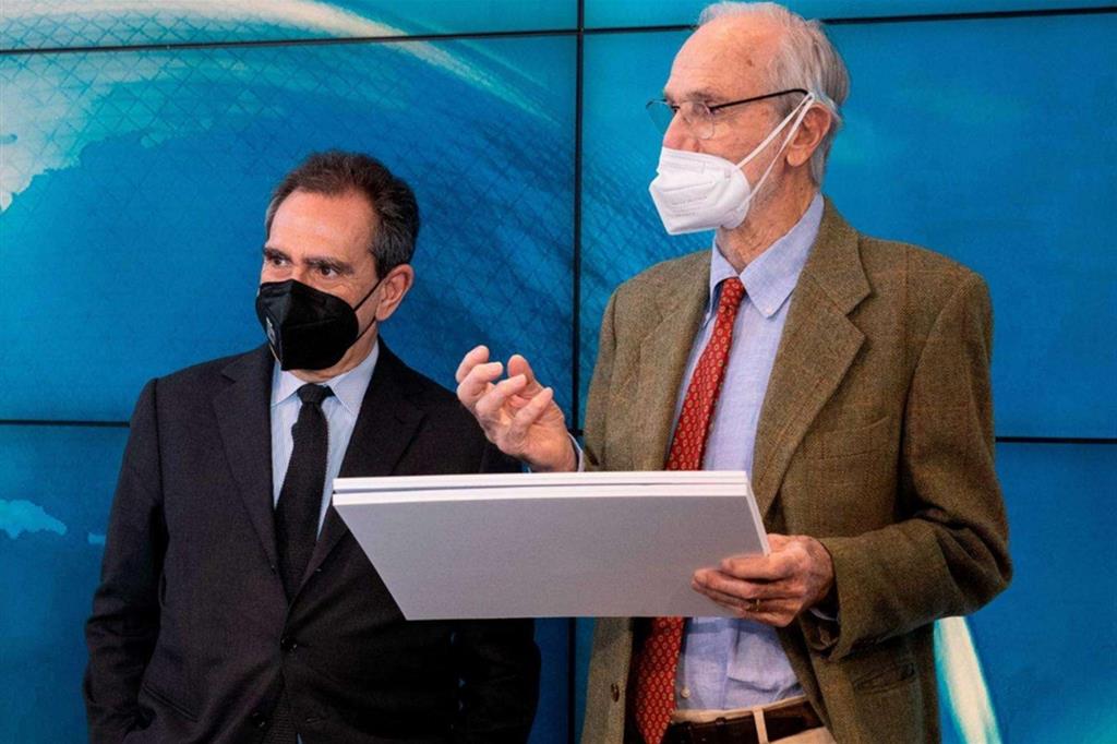L'ad Rai Carlo Fuortes e l'architetto Renzo Piano alla presentazione del nuovi studi di RaiNews24