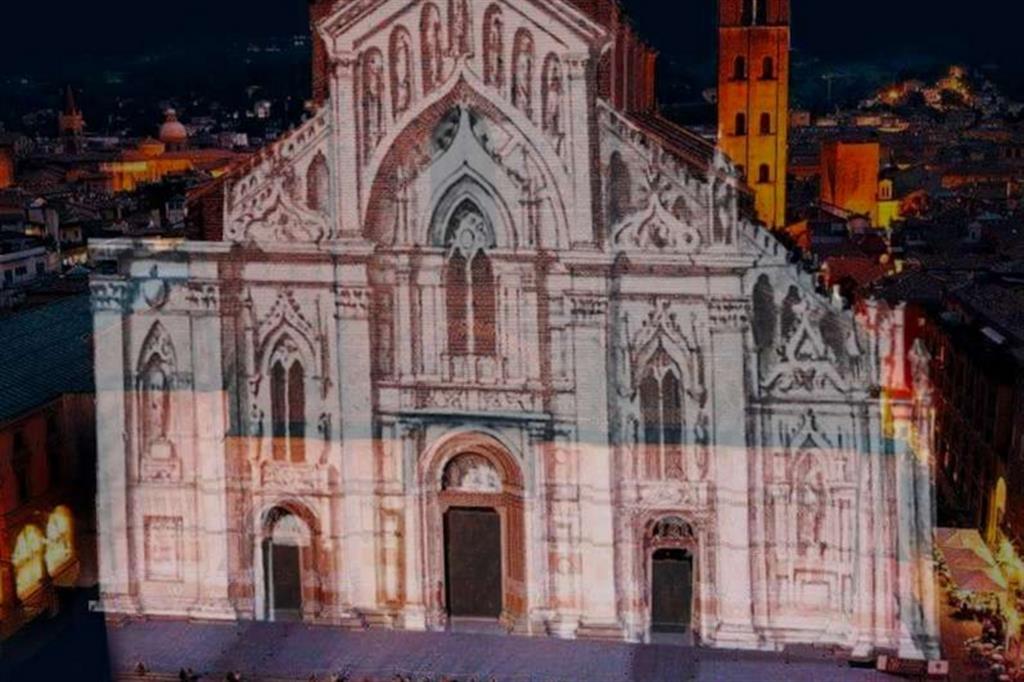 Sotto, una anteprima del videomapping sulla facciata della basilica