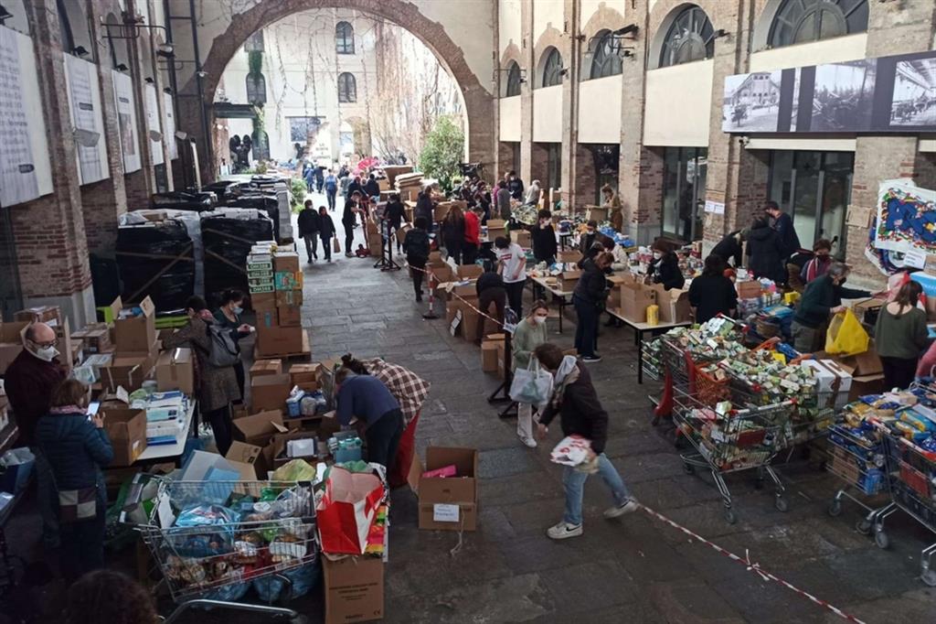 Collection of aid and food in the Sermig room in Turin at the Arsenale della Pace for the benefit of the Ukrainian people affected by the war
