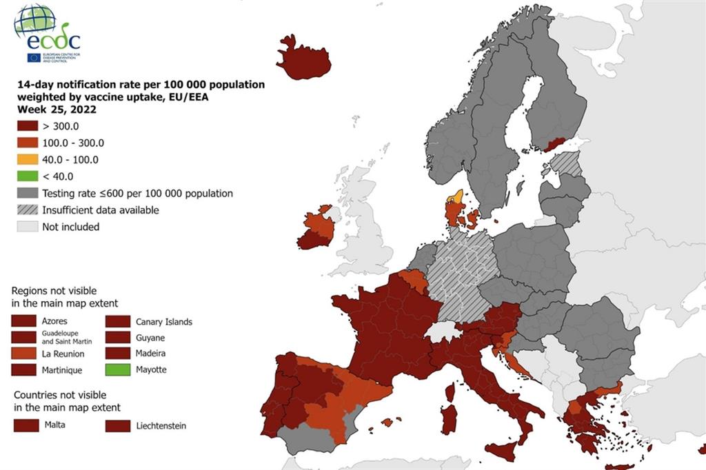 L'Italia torna rosso scuro, a causa della nuova impennata di contagi, nella mappa diffusa dal Centro europeo per il controllo e la prevenzione delle malattie