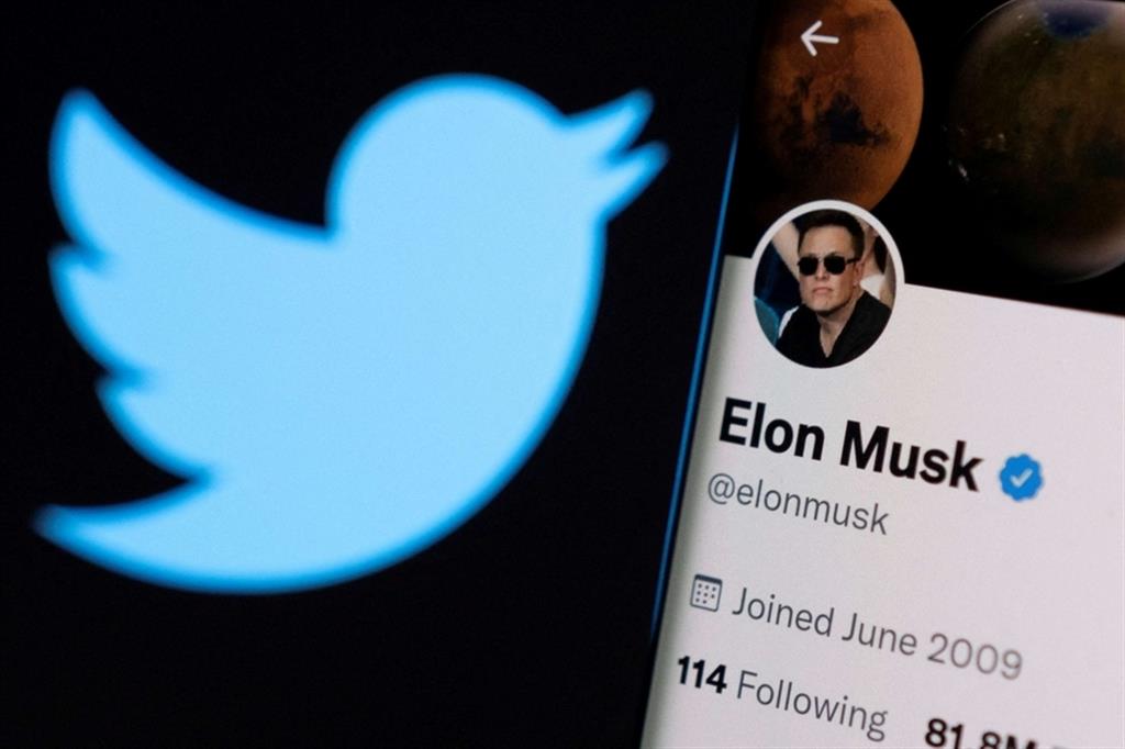 Il logo di Twitter e l'account di Elon Musk