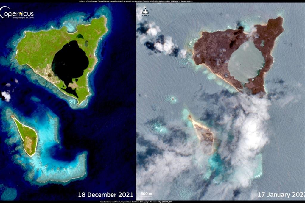 Due immagini satellitari dell'arcipelago di Tonga a confronto: prima e dopo l'eruzione vulcanica
