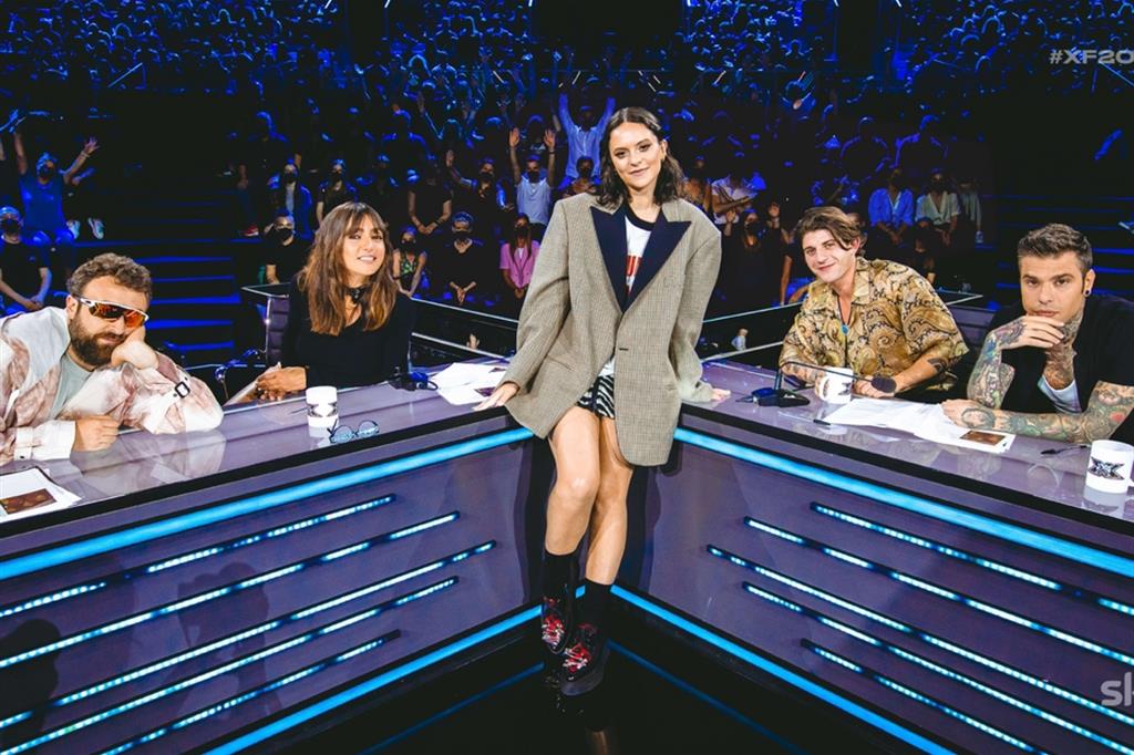 Il nuovo cast di "X-Factor": da sinistra Dargem D'Amico, Ambra Angiolini, Francesca Michielin, Rkomi e Fedez