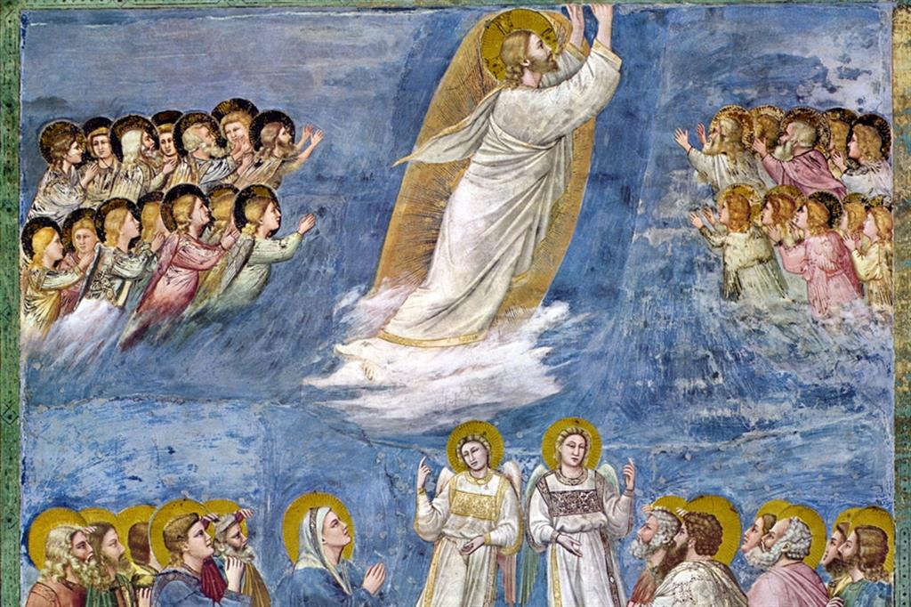 Cristo ascende al cielo circondato dagli angeli, sotto gli occhi della Madonna e degli Apostoli. Stampa facsimile da affresco di Giotto (1265-1337) che decora la Cappella degli Scrovegni, Padova, 1304-1305