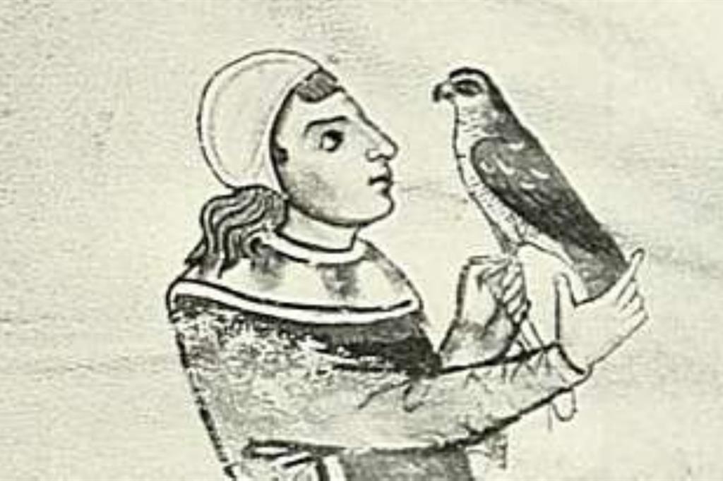 Miniatura raffigurante Manfredi tratta da un antico manoscirtto del “De arte venandi cum avibus”