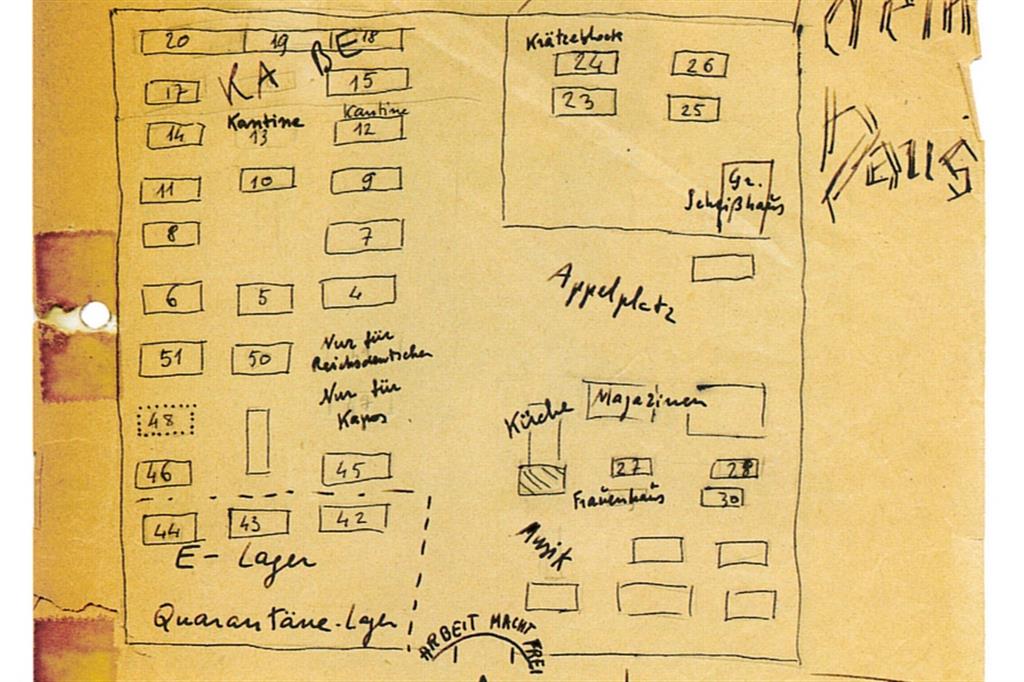 Dettaglio della mappa del lager tracciata di suo pugno da Primo Levi con l'annotazione: "Storie di uomini senza nome"