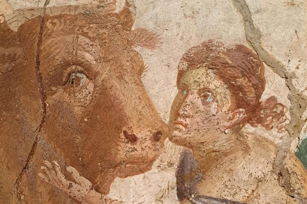 Pittura romana del I. sec. d.C., particolare della prima ancella in “Europa su toro” (Casa di Giasone)