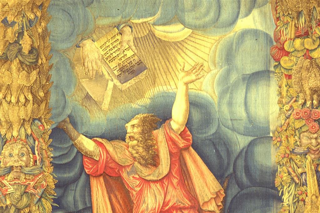 Bottega di Nicolas Karcher, "Mosè riceve le tavole della legge", arazzo (particolare)