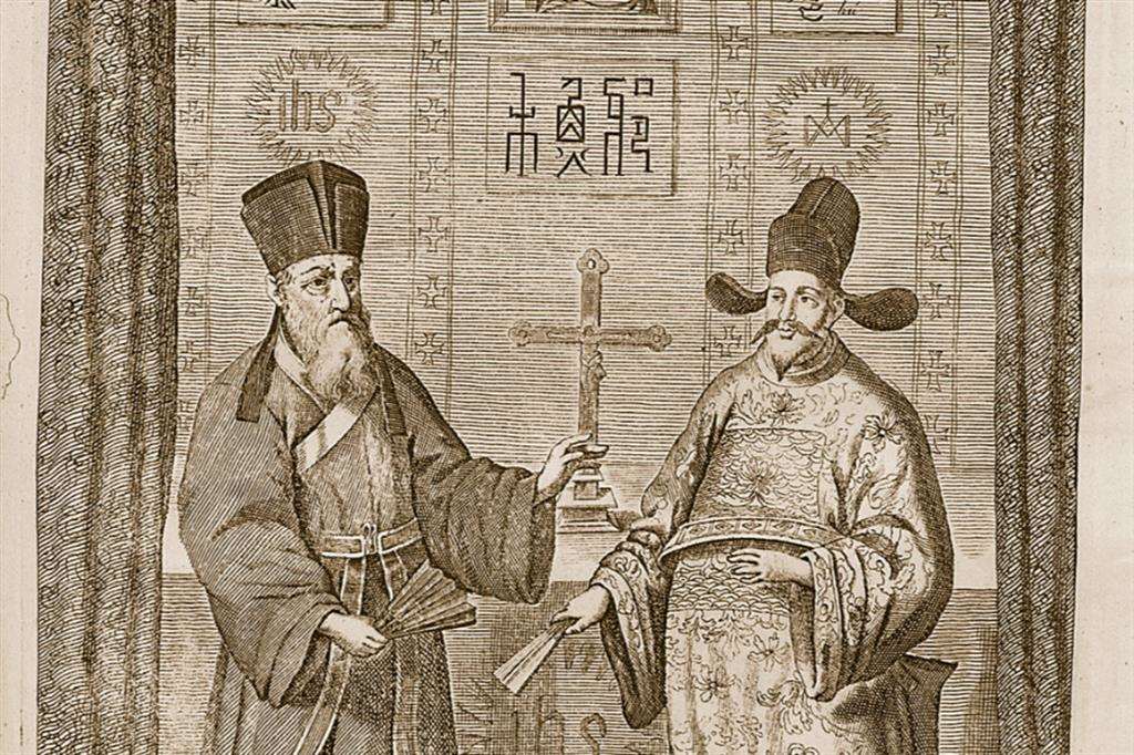 Matteo Ricci, a sinistra, e il suo stretto collaboratore Paolo Xu Guangqi, in una immagine tratta da un disegno a china di Athanasius
