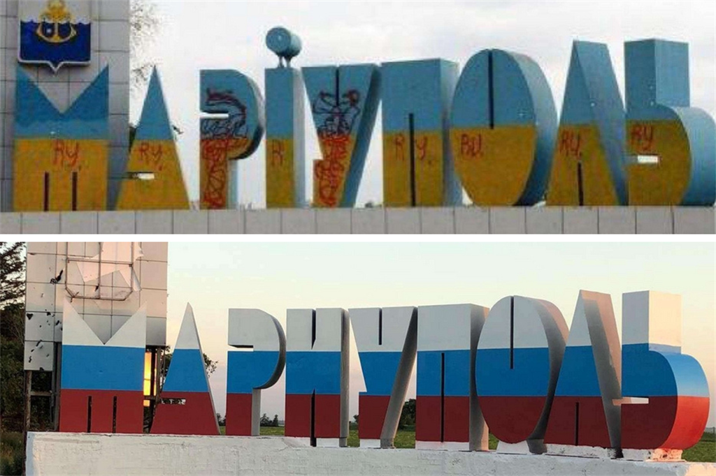 Riscritta in russo l'insegna di benvenuto a Mariupol