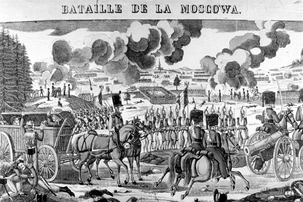 Napoleone alla battaglia della Moscova (o di Borodino) del 1812 in una xilografia coeva
