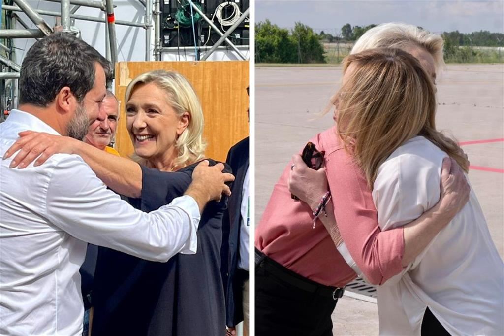 Il doppio abbraccio. Salvini e Le Pen a Pontida e Meloni con Von der Leyen a Lampedusa