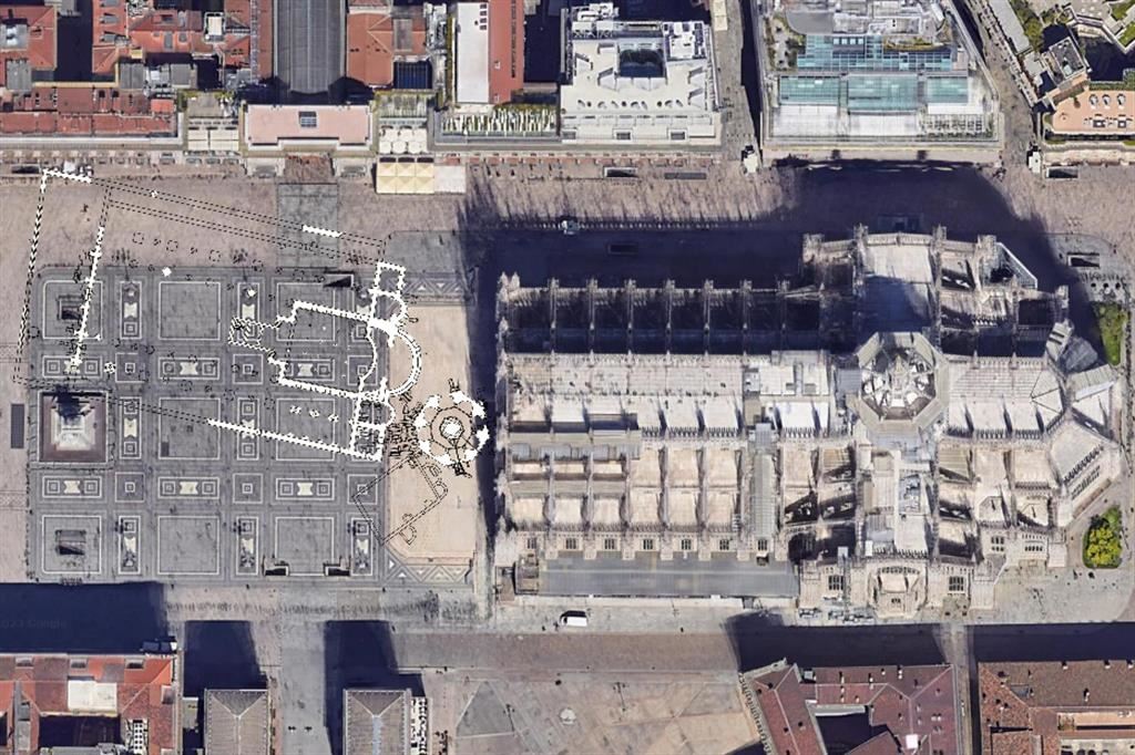 Il tracciato della basilica di Santa Tecla nell'area di piazza Duomo a Milano