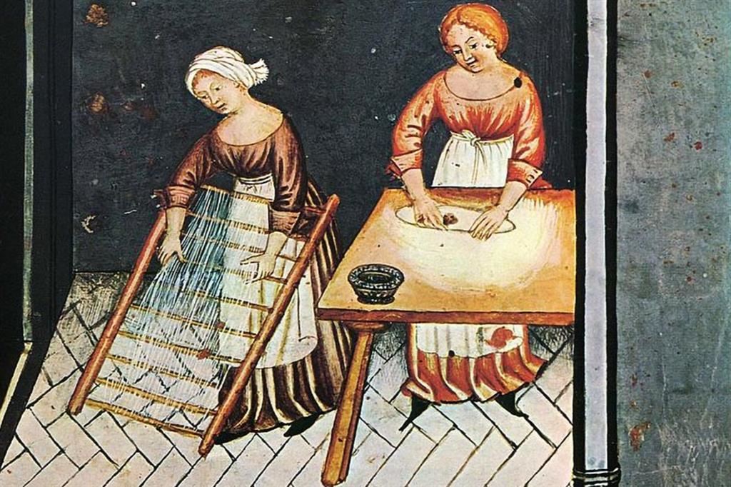 Donne al lavoro in una miniatura medievale