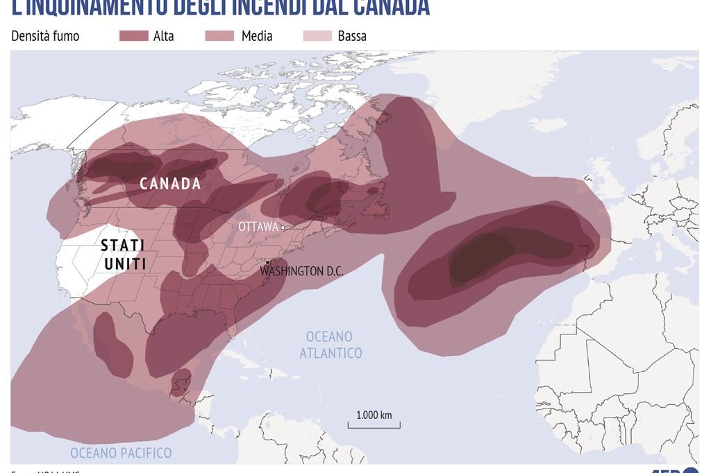 La diffusione dell'inquinamento atmosferico e il fumo degli incendi canadesi che raggiunge Portogallo e Spagna