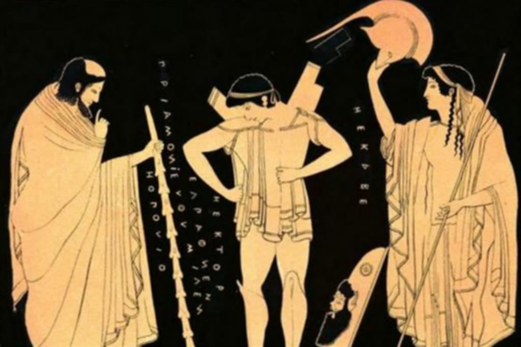 Una raffigurazione antica dell’eroe omerico Ettore insieme con la madre, Ecuba, moglie di Priamo, re di Troia. La sua vicenda è narrata nell’Iliade